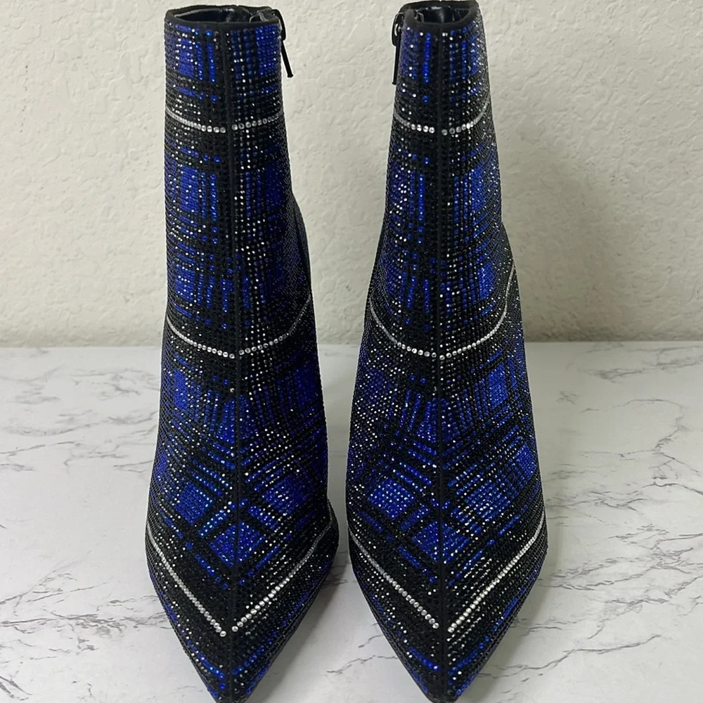 INC-  Blue Plaid Rhinestone Reisa Pointed Toe Stiletto Dress Booties - Picture 6 of 11
